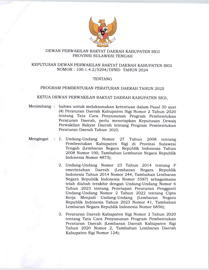 Keputusan ketua dewan perwakilan rakyat daerah kabupaten sigi nomor 100.1.4.2/5204/DPRD tahun 2024 tentang program pembentukan peraturan daerah tahun 2025