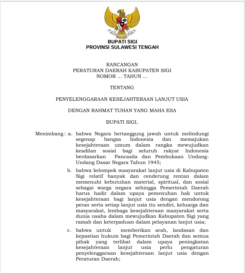 Rancangan peraturan daerah kabupaten sigi nomor .... tahun.... tentang penyelenggaraan kesejahteraan lanjut usia
