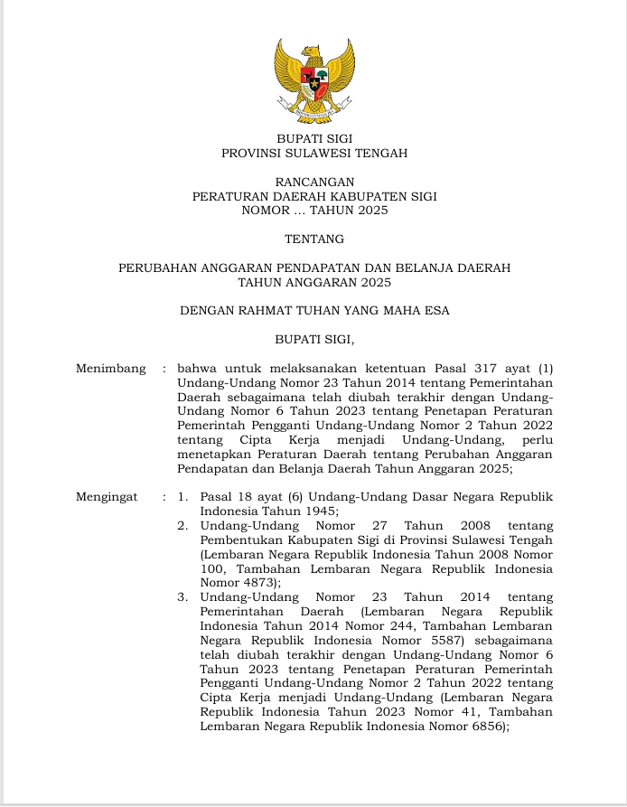 Rancangan peraturan daerah kabupaten sigi nomor .... tahun .... tentang perubahan anggaran pendapatan dan belanja daerah tahun anggaran 2025