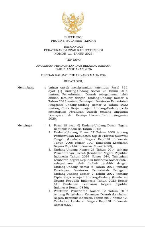 Rancangan peraturan daerah kabupaten sigi nomor ... tahun ... tentang anggaran pendapatan dan belanja daerah tahun anggaran 2026