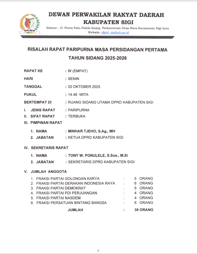 Risalah rapat paripurna masa persidangan pertama tahun sidang 2025-2026 raperda penyelenggaraan program jaminan sosial ketenagakerjaan